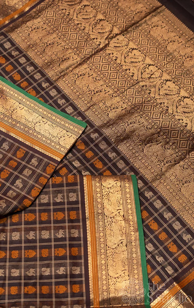 Dark brown aayiram butta checked silk cotton saree