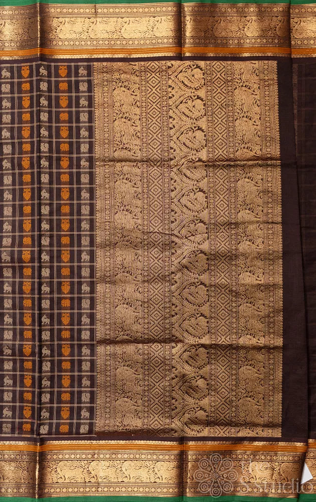 Dark brown aayiram butta checked silk cotton saree