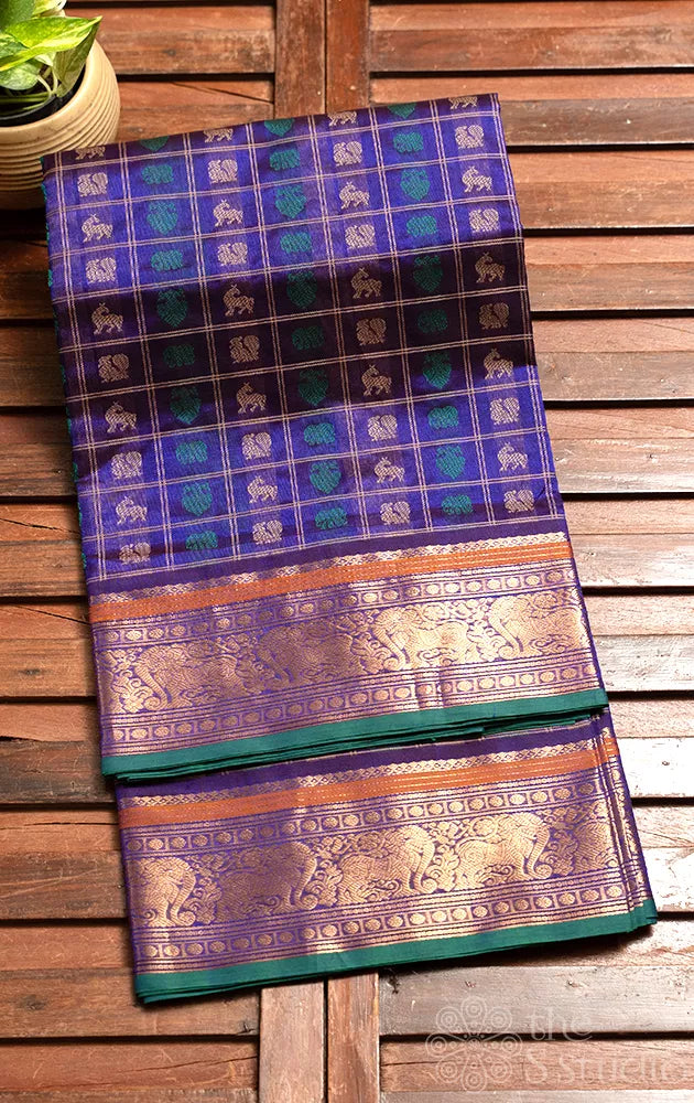 Royal blue aayiram butta silk cotton saree with zari border