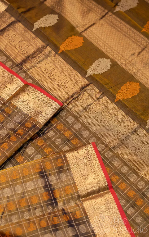 Light brown checked aayiram butta silk cotton saree