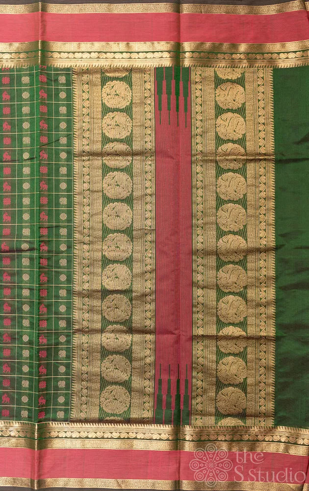 Dark green aayiram butta silk cotton saree with rettaipet border