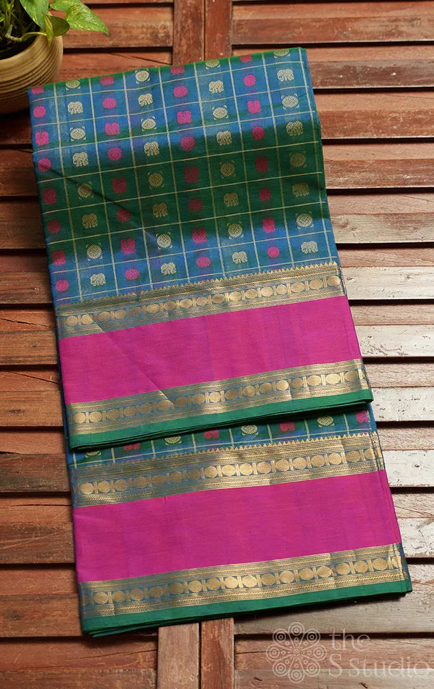 Peacock blue checked aayiram butta silk cotton saree with rettaipet border