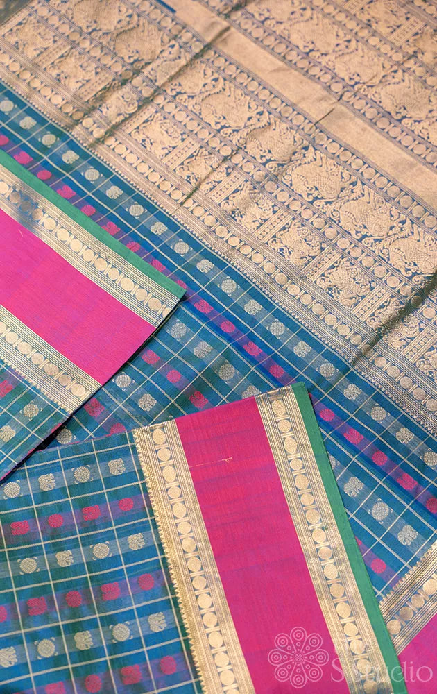 Peacock blue checked aayiram butta silk cotton saree with rettaipet border