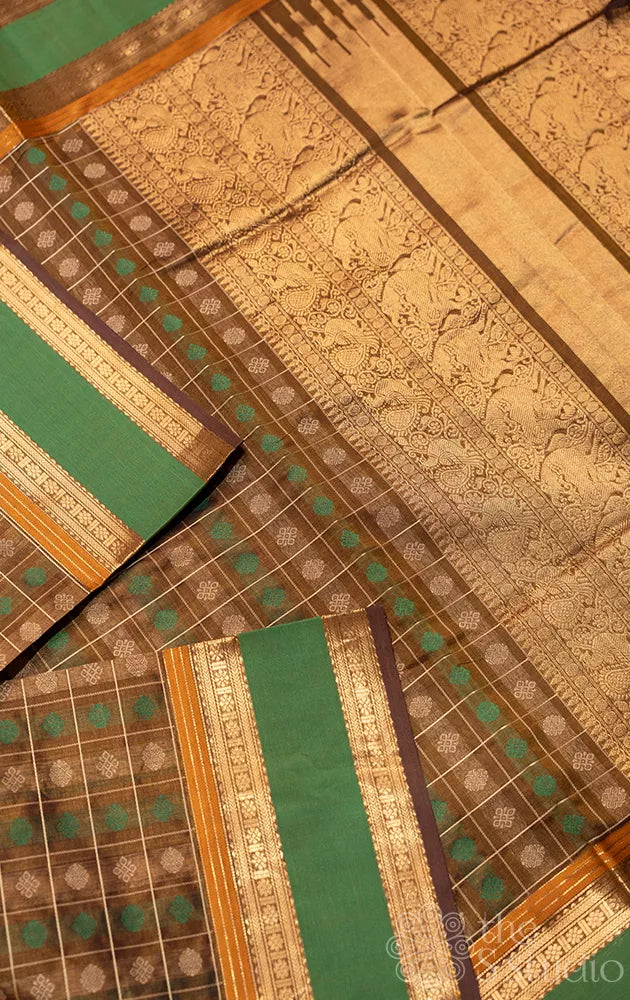 Brown aayiram butta silk cotton saree with green rettaipet border