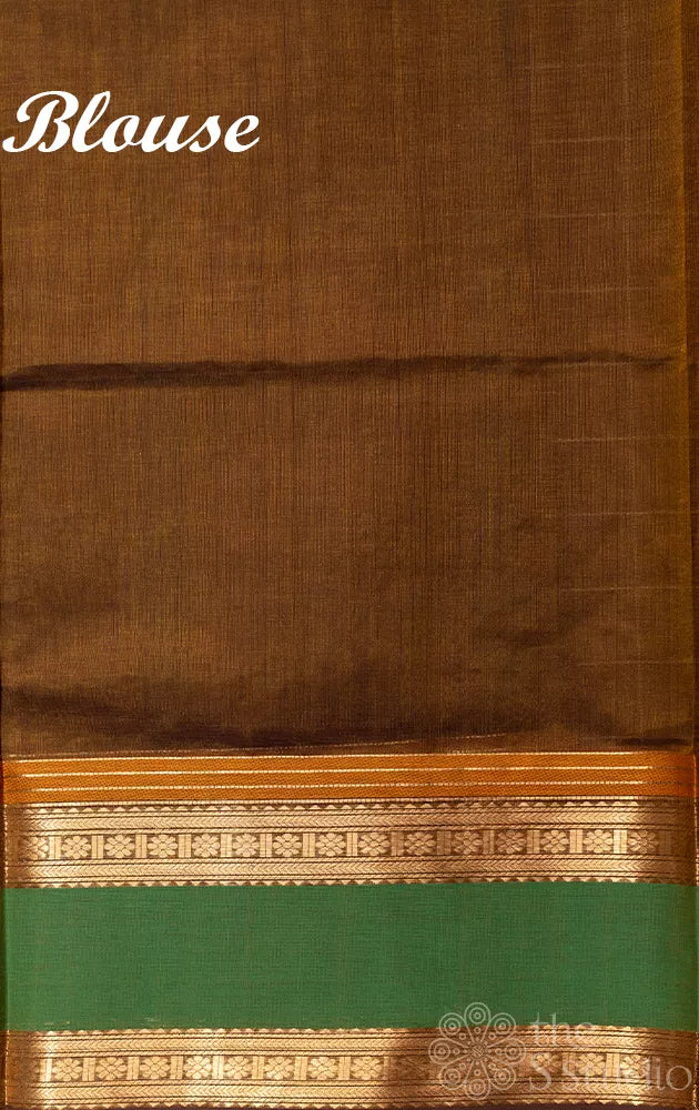 Brown aayiram butta silk cotton saree with green rettaipet border