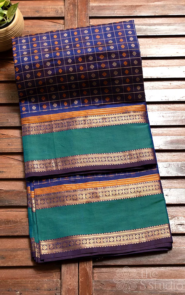 MS blue checked aayiram butta silk cotton saree with rettaipet border