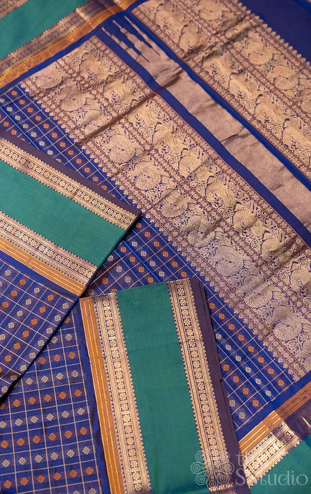 MS blue checked aayiram butta silk cotton saree with rettaipet border