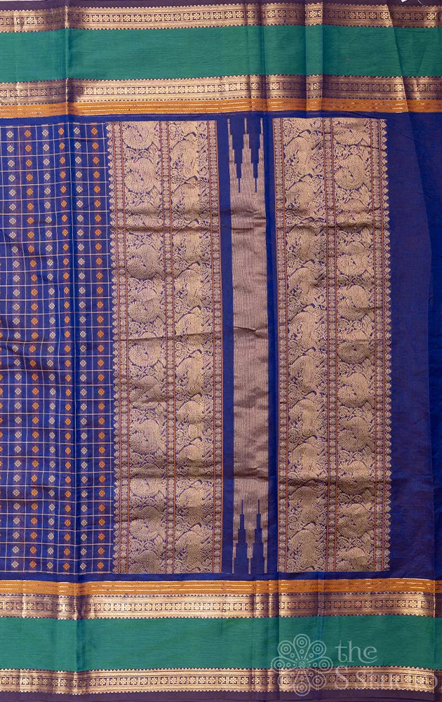 MS blue checked aayiram butta silk cotton saree with rettaipet border