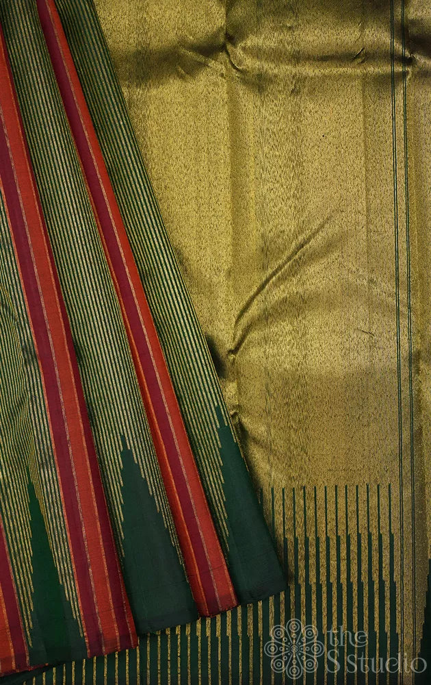 Green 8 kol woven kanjeevaram silk saree with rust panel design