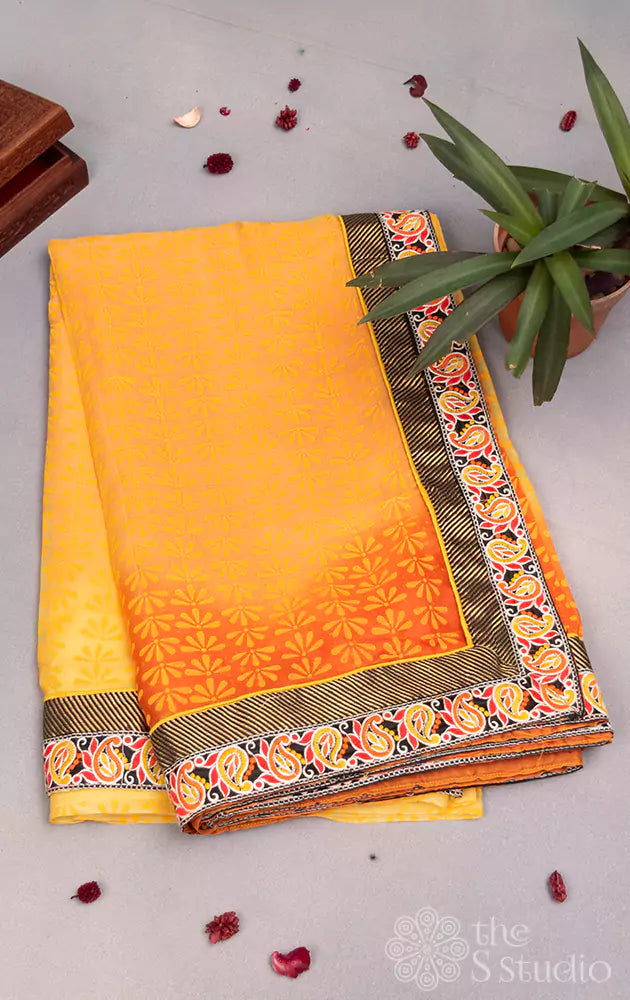 Yellow and Orange Organza Block Printed Saree with Blouse