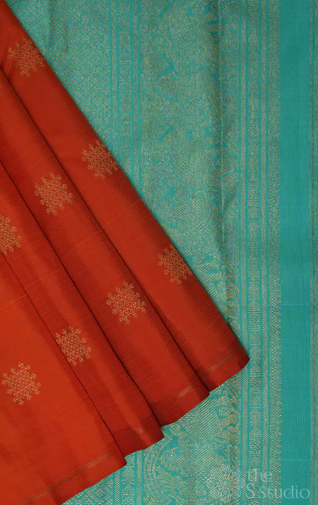 Orange kolam butta kanchipuram silk saree