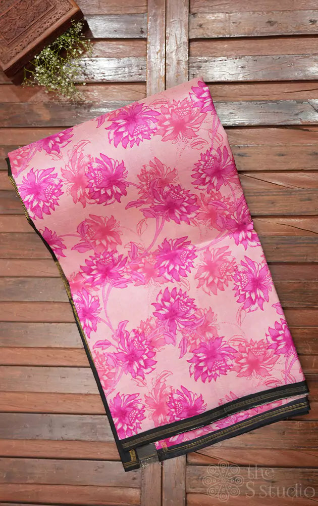 Light pink printed kanjivaram saree with black pallu