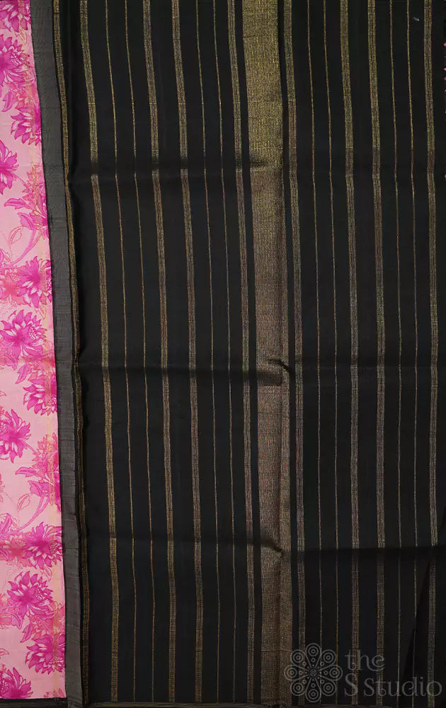 Light pink kanchi silk saree with floral prints and black pallu