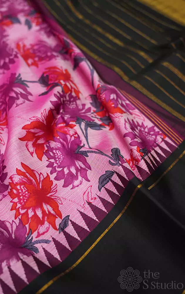 Pink korvai kanchi silk saree with floral prints and black border