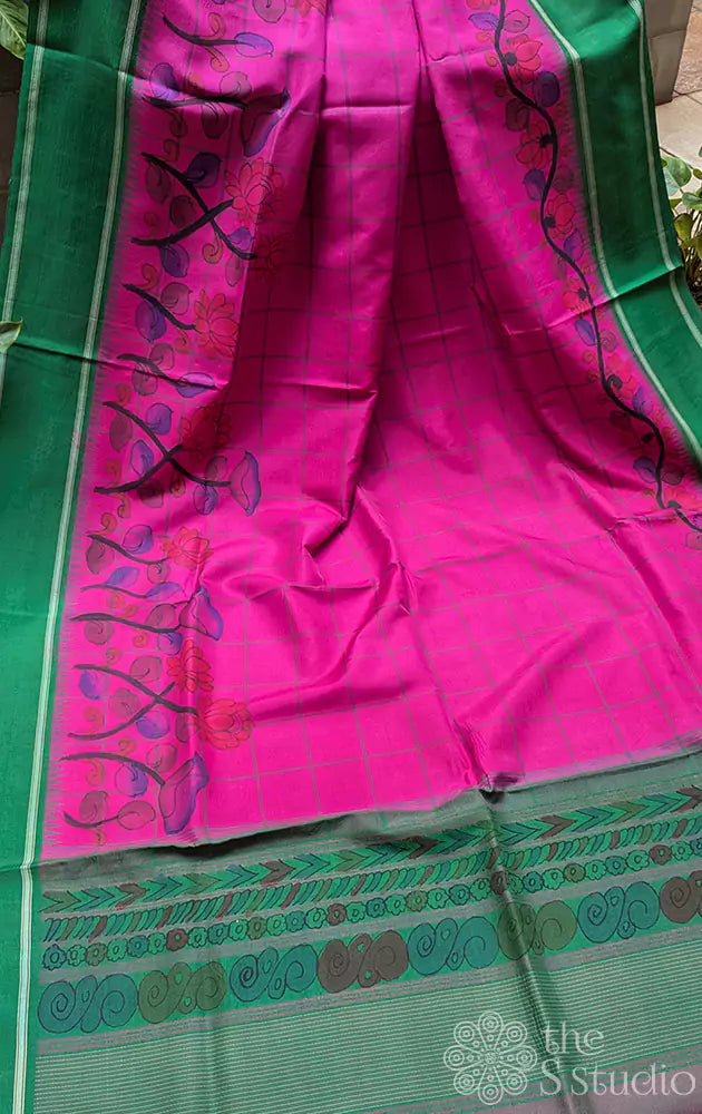 Rani pink kanchi silk saree with hand painted kalamkari along the border
