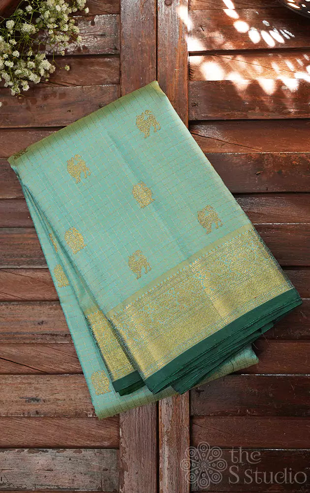 Light bluish green checked kanchi silk saree