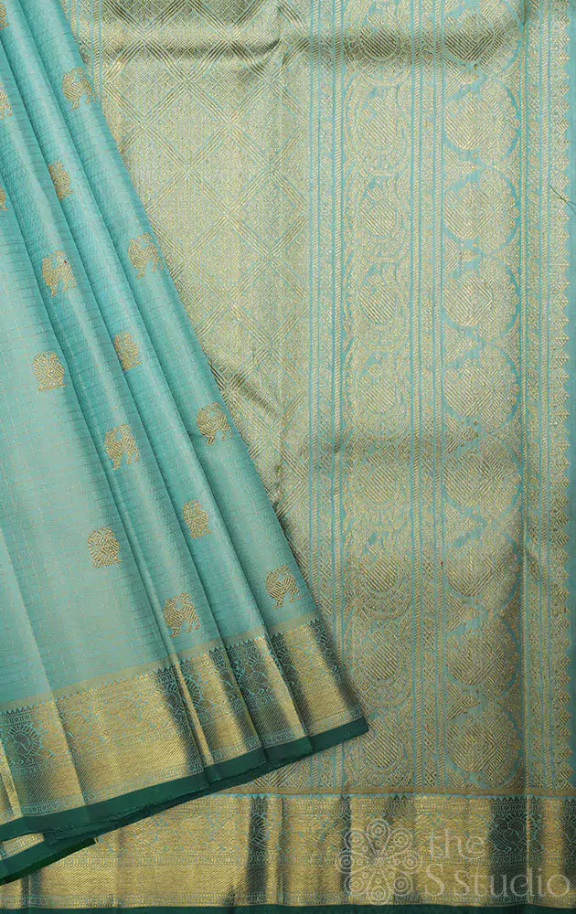 Light bluish green checked kanchi silk saree