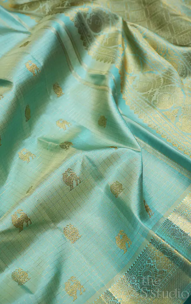 Light bluish green checked kanchi silk saree