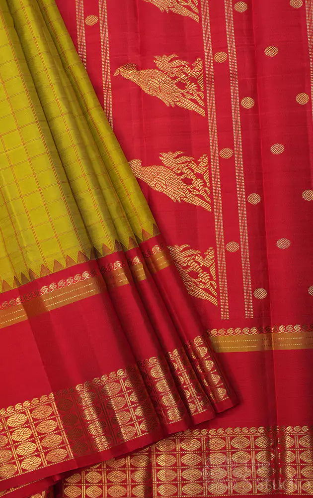Green checked adai kanjivaram silk saree with red border