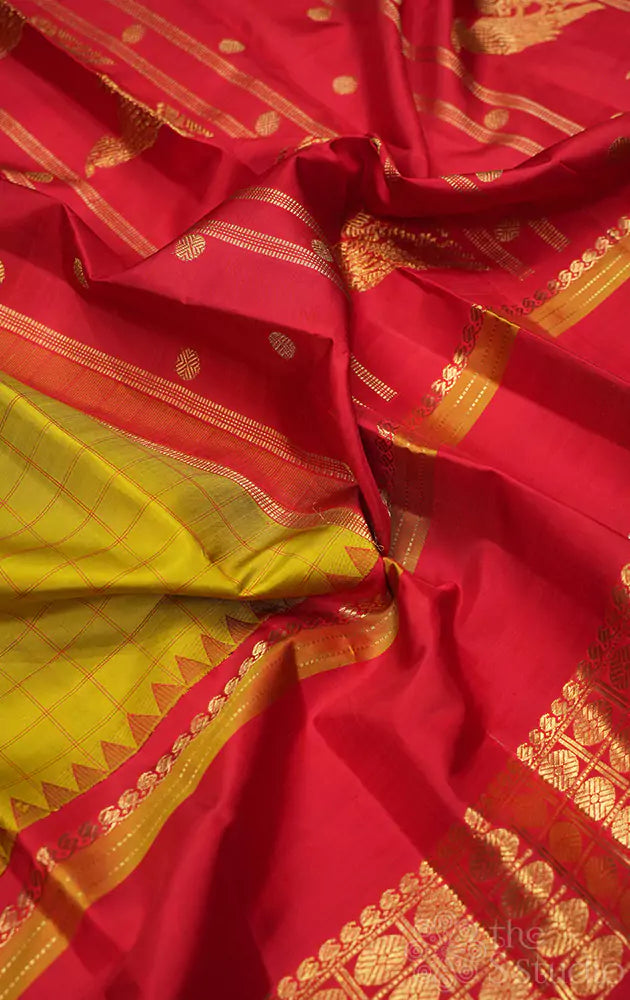 Green checked adai kanjivaram silk saree with red border