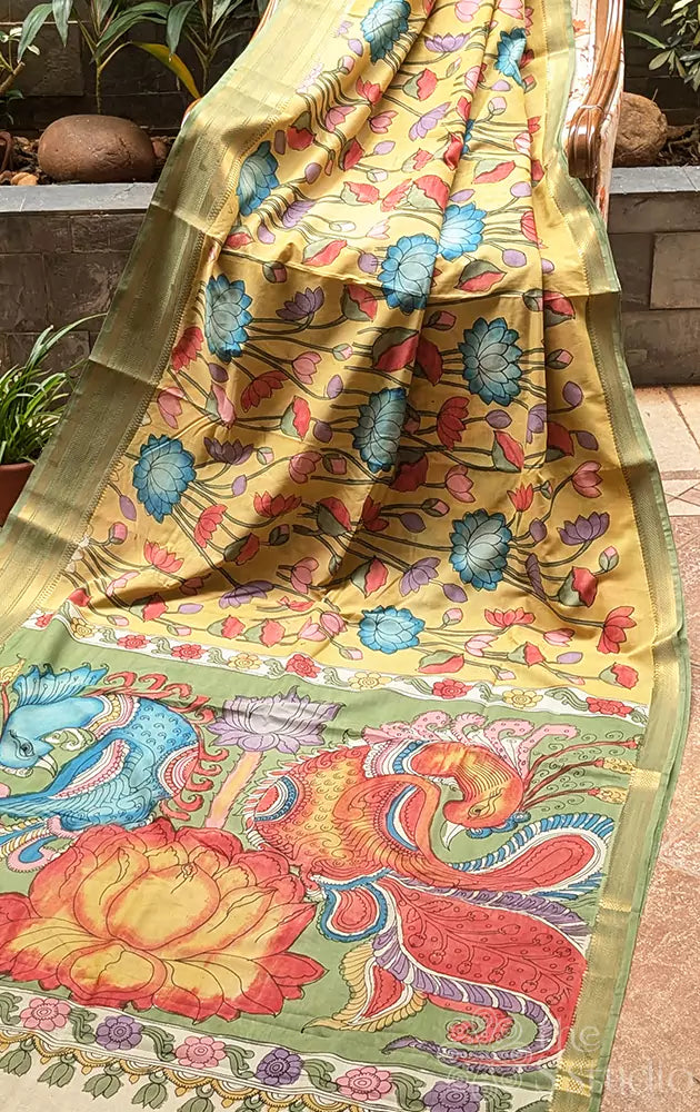 Yellow light weight silk with hand painted pen kalamkari