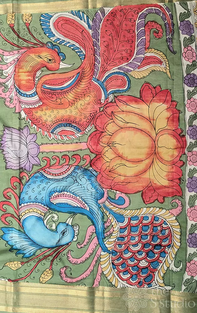 Yellow light weight silk with hand painted pen kalamkari