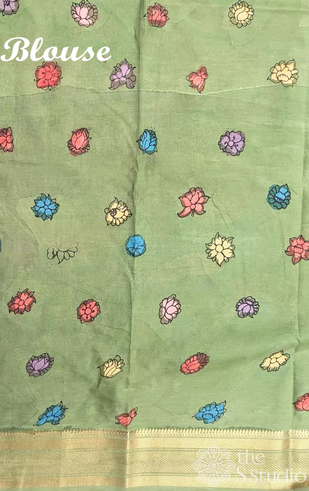 Yellow light weight silk with hand painted pen kalamkari