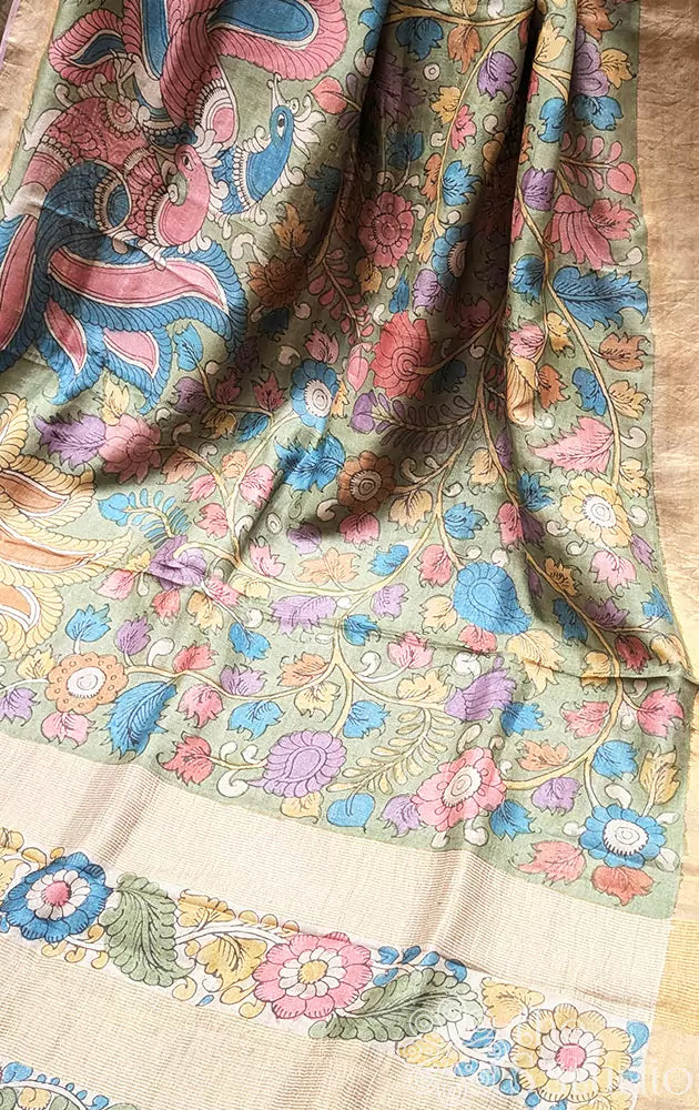 Light green handpainted kalamkari tussar silk saree with golden border