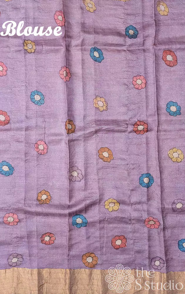 Light green handpainted kalamkari tussar silk saree with golden border