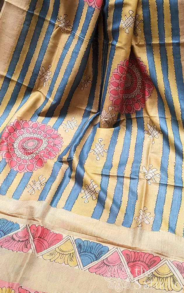 Yellow and blue pen kalamkari tussar silk saree