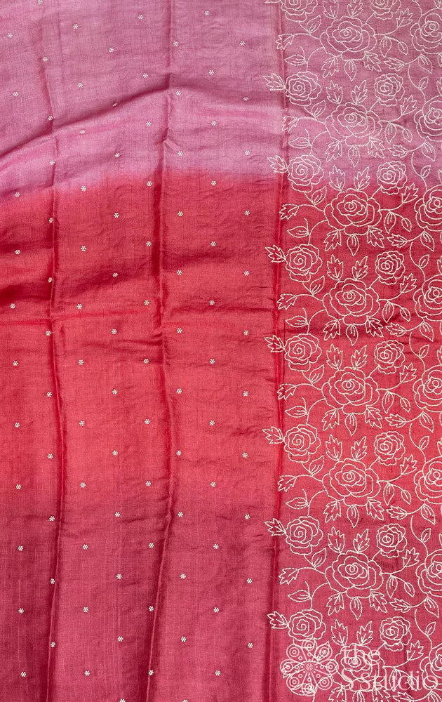 Maroon shaded tussar silk saree with white floral embroidery and scallop border
