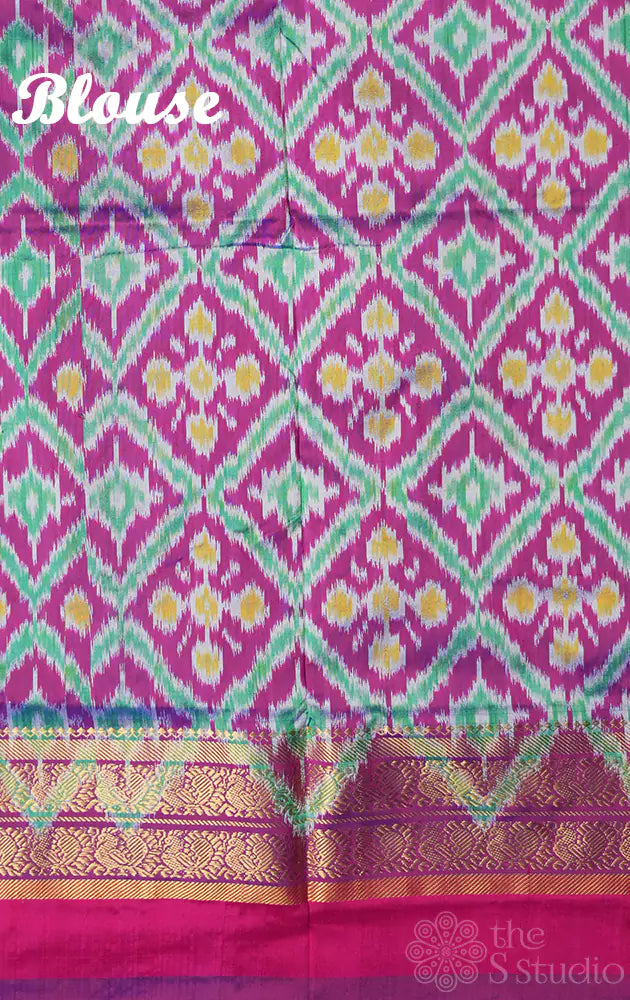 Mango yellow pochampally ikat silk saree with ganga jamuna border