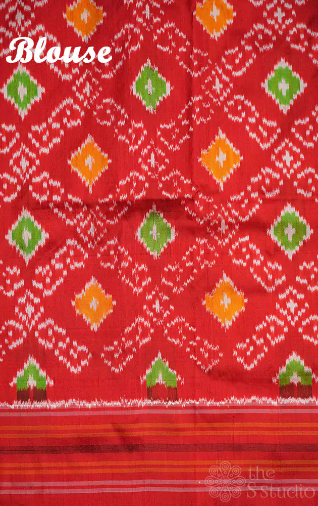 Brown twill ikat silk saree with red border