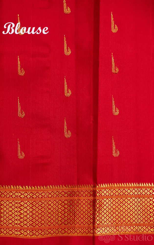 Red gadwal silk saree with paithani motifs
