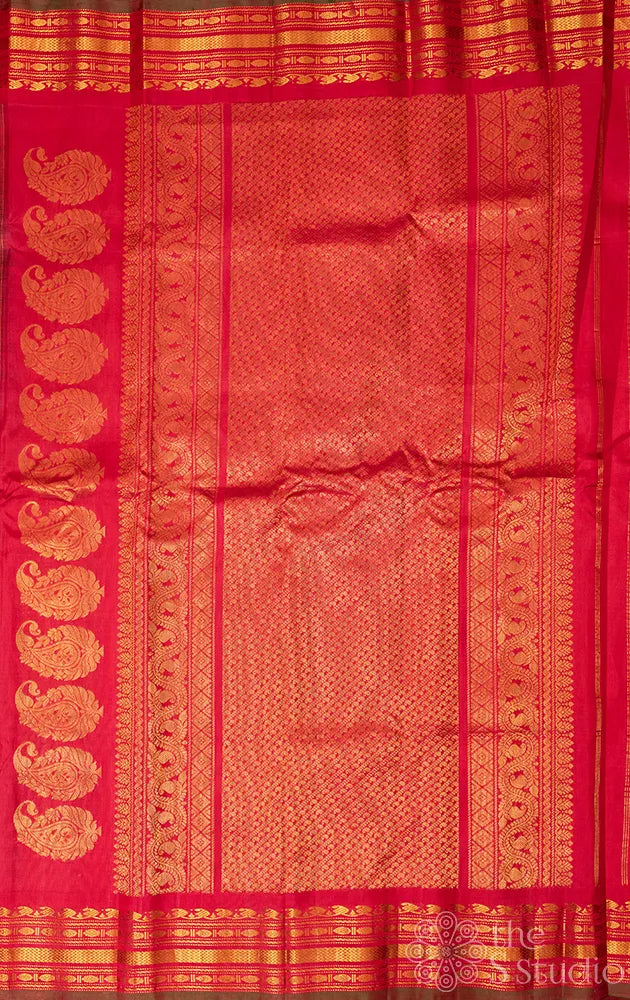 Dark brown checked gadwal silk saree with red border