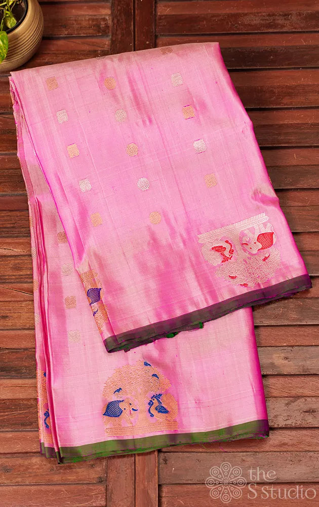 Pink gadwal silk saree with silver and gold zari motifs