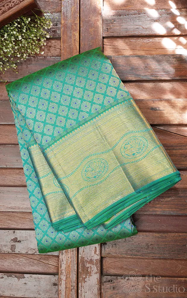 Sea green kanchipuram silk saree with all over design