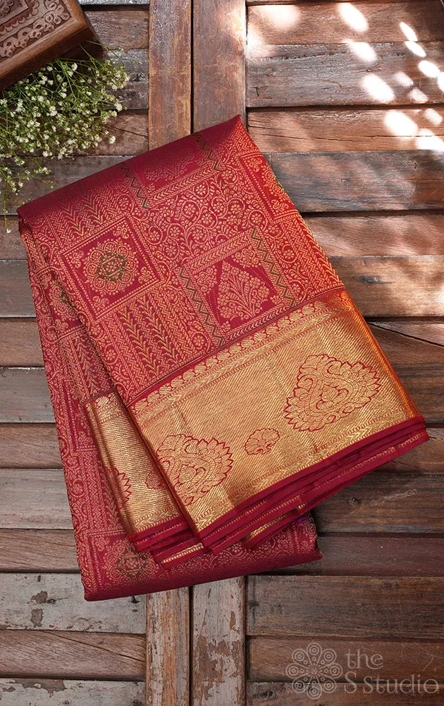 Maroon bridal kanchipuram silk saree with zari border