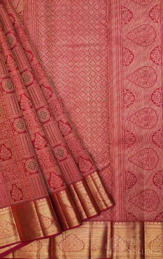 Maroon bridal kanchipuram silk saree with zari border