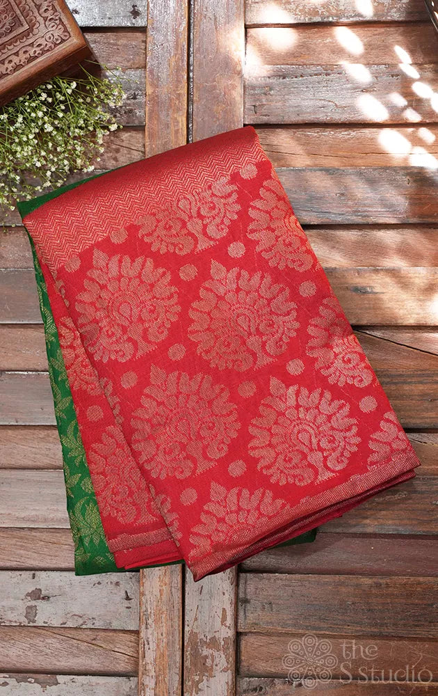 Dark green kanchi silk saree with red big border