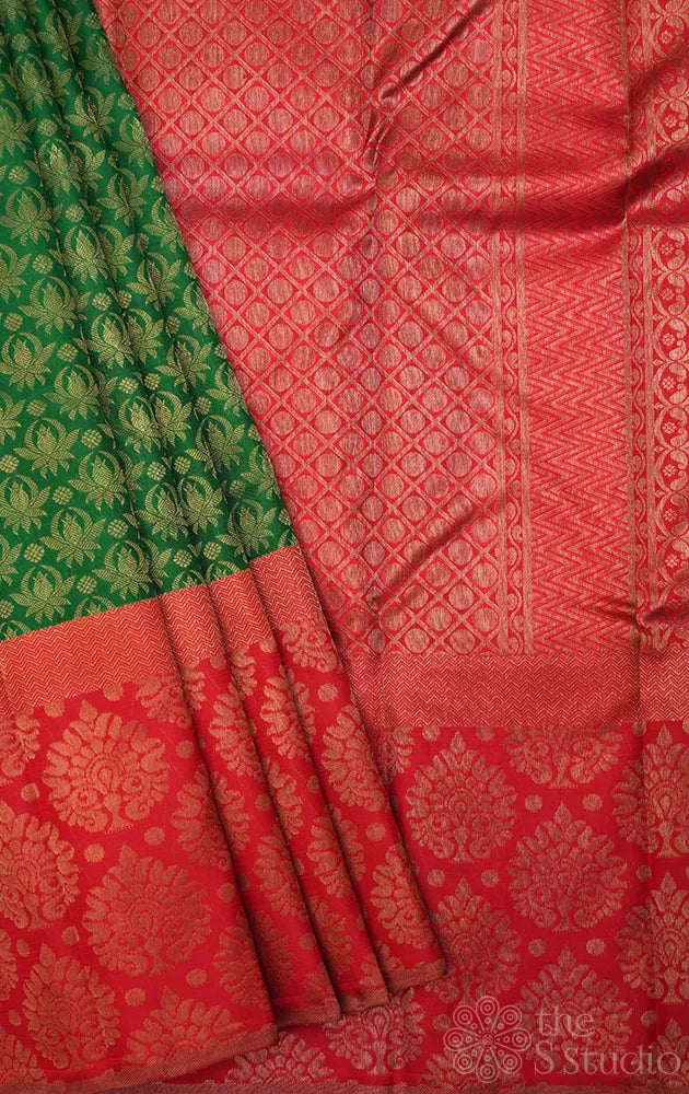 Dark green kanchi silk saree with red big border