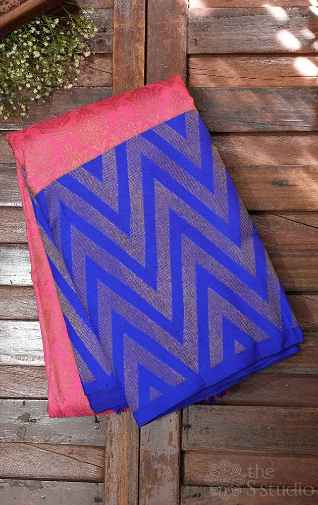Rose kanchi silk saree with royal blue border