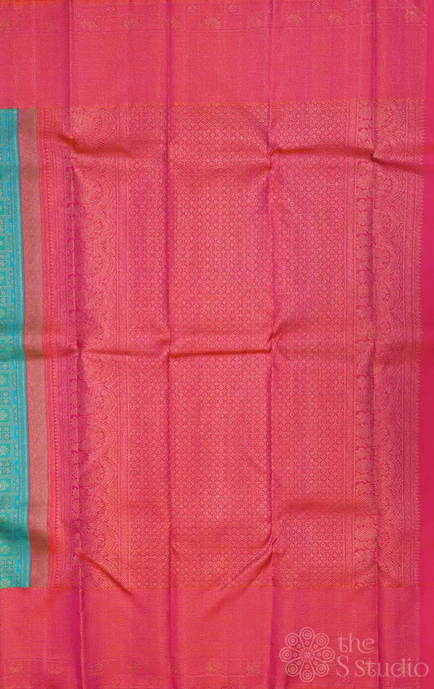 Aqua blue and pastel green kanchi pattu saree with peach big border