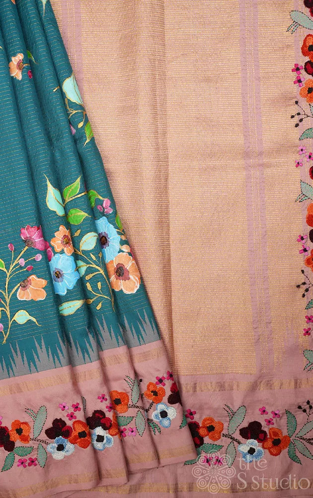Rama blue hand painted kanjivaram silk saree with hand embroidered border