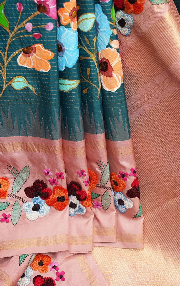 Rama blue hand painted kanjivaram silk saree with hand embroidered border