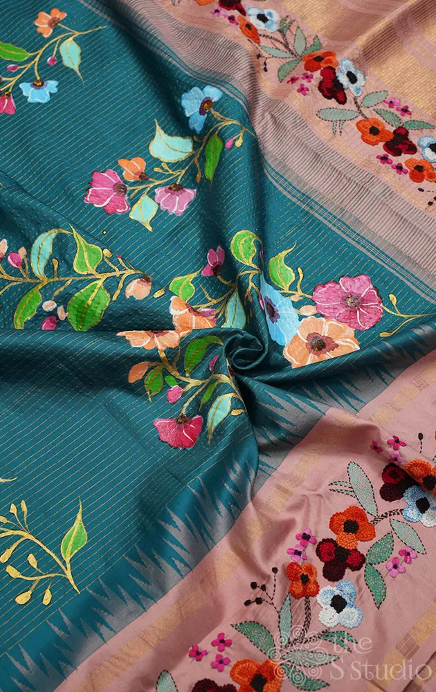 Rama blue hand painted kanjivaram silk saree with hand embroidered border