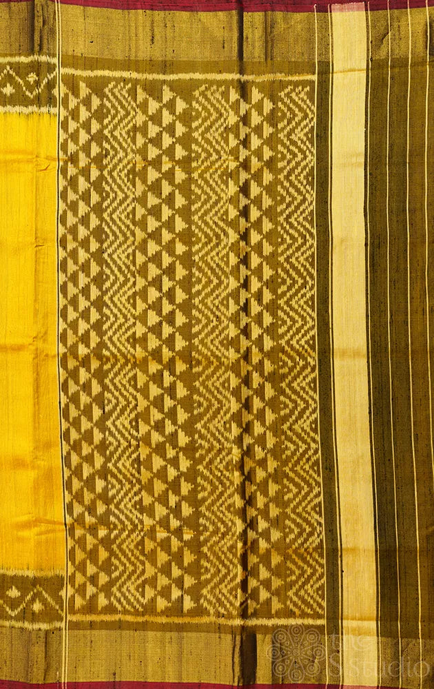 Yellow patola raw silk saree with ikat woven mehandi green border