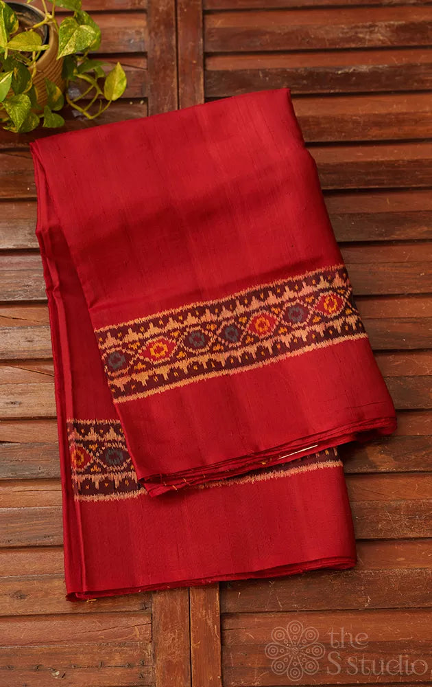 Maroon patola raw silk saree with ikat woven border