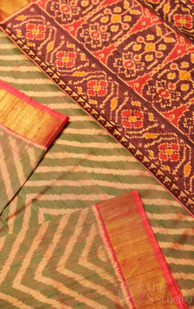 Green and peach chevron woven pattern patola raw silk saree