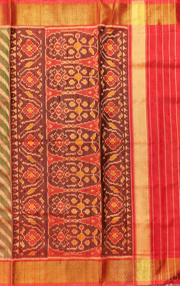 Green and peach chevron woven pattern patola raw silk saree